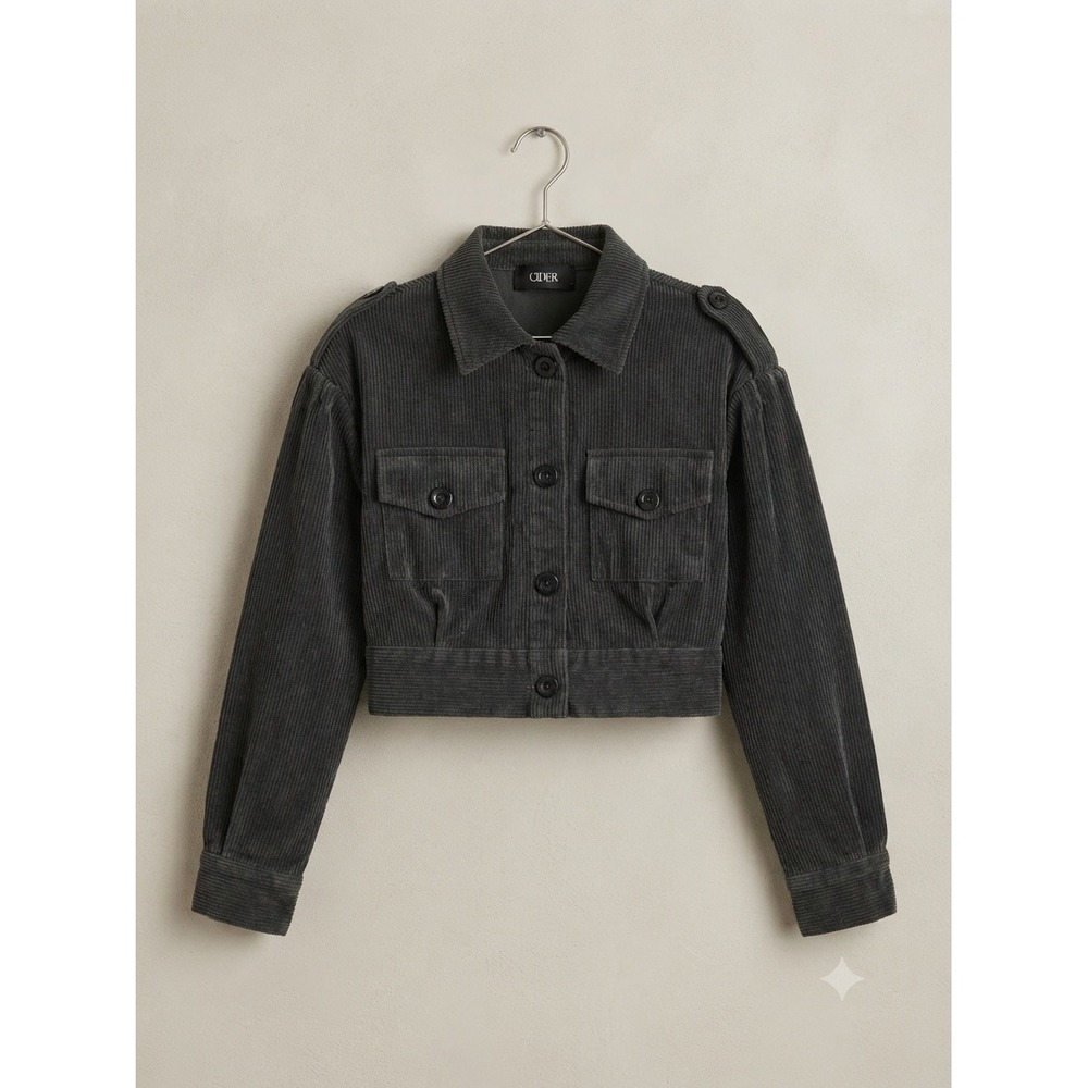 Cider Corduroy Jacket Womens Small Grey Cropped Utility Button Up Epaulette Coat